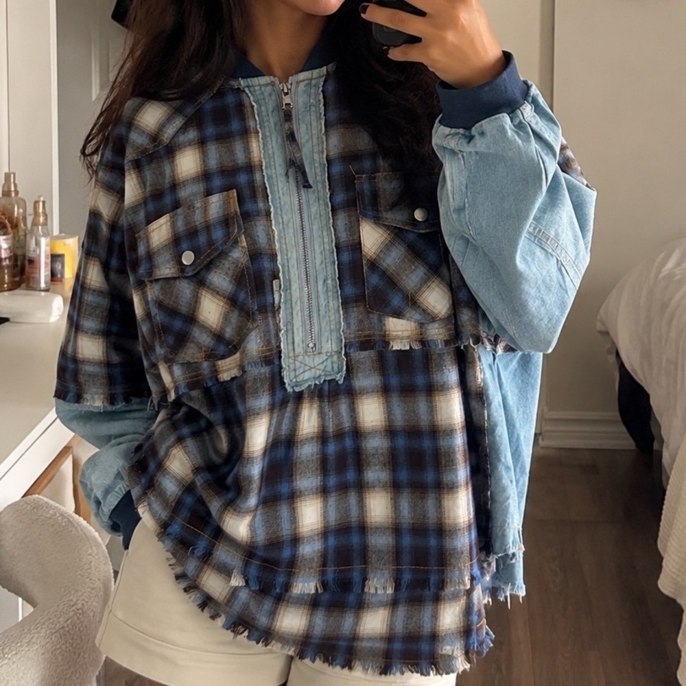 Oli & Hali Blue Plaid Mixed-Media Zip Pullover